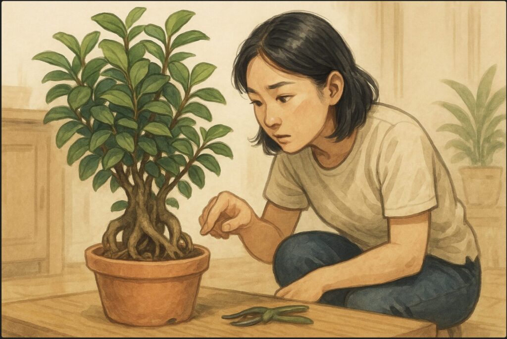 日本人女性が複数株のガジュマルが植えられた鉢を前に、根や枝の絡まりを慎重に観察している。軽くしゃがみ込み、鉢から少し根が見えている。背景はナチュラルな室内。