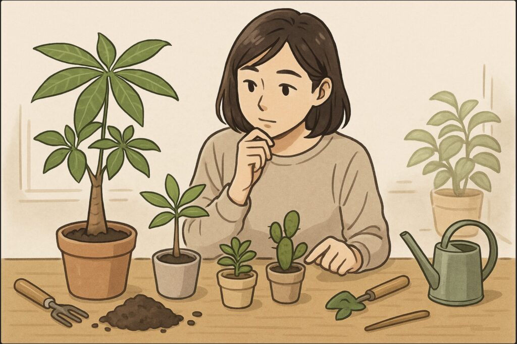 日本人女性が机の上でパキラの鉢と他の小さな植物を並べ、どの植物と組み合わせるか検討している。土や小道具、ジョウロなどの園芸用品が並ぶ明るい作業風景。