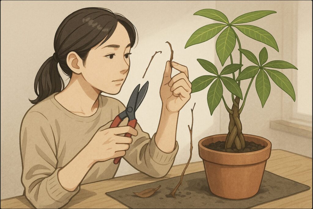 日本人女性がパキラ寄せ植えの枯れた細い幹を根元近くで剪定ばさみでカットし、切り口を目線の高さに上げて確認している。落ち着いた室内、土飛び防止のシート。
