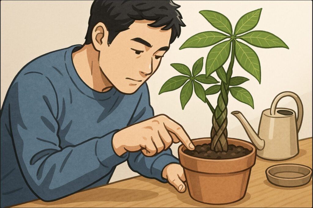 日本人男性がパキラの寄せ植え鉢の土に指を第二関節まで差し込み、乾き具合を確かめている。脇にジョウロと水受け皿、柔らかな室内光。