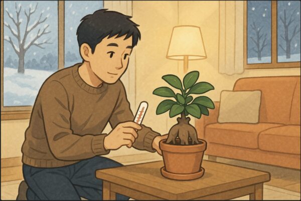 冬の室内で、日本人男性が窓辺から離れた暖かい部屋の中央にガジュマルの鉢を置き、温度計を確認している。外は寒そうな冬景色、暖かい室内照明。