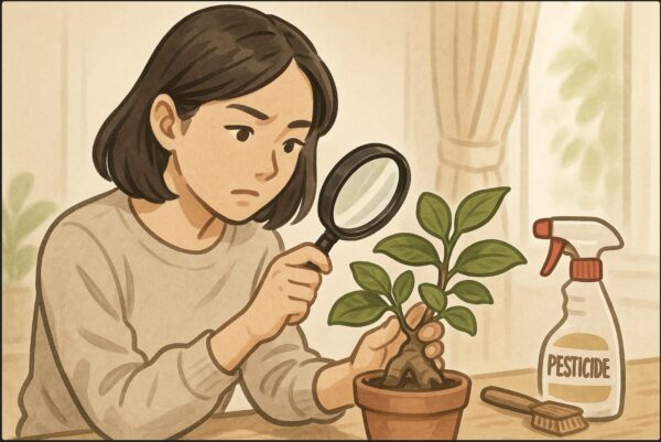 日本人女性がガジュマルの葉を手に取り、虫眼鏡で裏側を確認している。近くに害虫駆除用のスプレーとブラシ。明るい室内で観察中の様子。