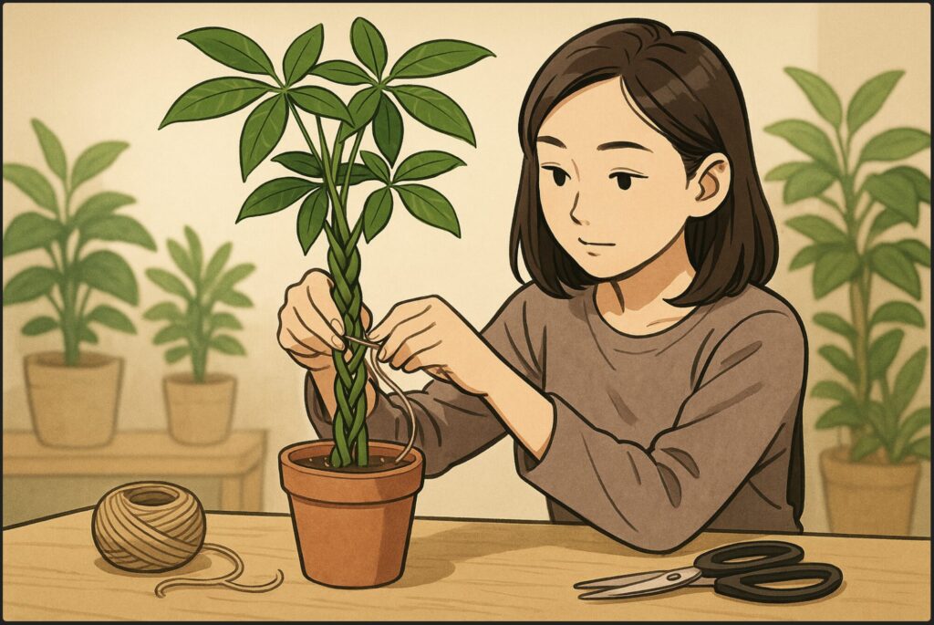 日本人女性が3本の若いパキラの幹を手で優しく編み込んでいる。作業テーブルの上には麻ひもやハサミが置かれ、集中した穏やかな表情。背景に観葉植物が並ぶナチュラルな室内。
