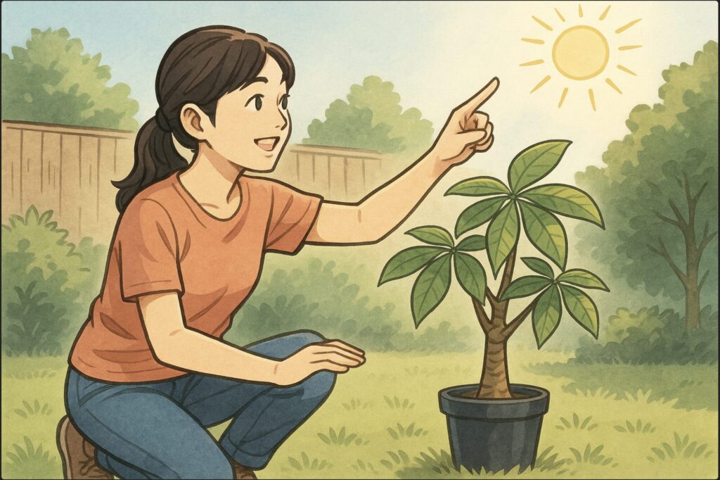 日本人女性が庭のパキラの位置を調整しながら、太陽の方向を指差して確認している。朝の柔らかな光が差し込む半日陰の環境。