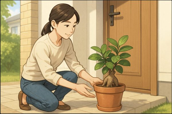 日本人女性が自宅の玄関先にガジュマルの鉢を設置している。朝の柔らかい光が差し込み、清潔で明るい雰囲気。幸運の象徴として丁寧に位置を整える姿。