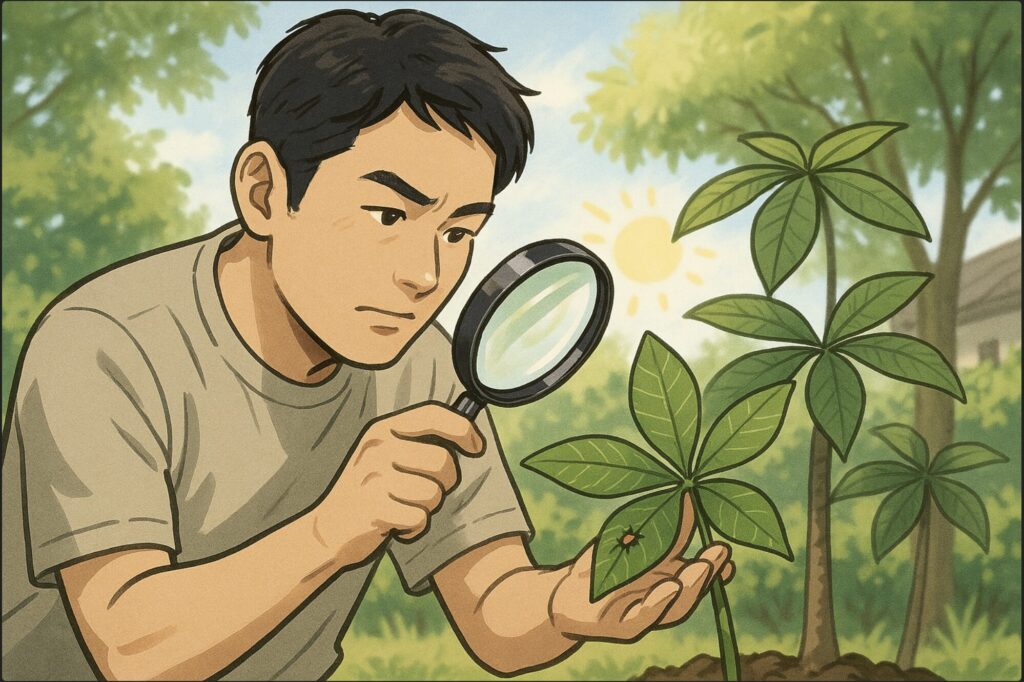 日本人男性が虫眼鏡を手に、パキラの葉の裏を注意深く観察している。背景には緑豊かな庭と陽光、葉の一部に害虫が見える描写。