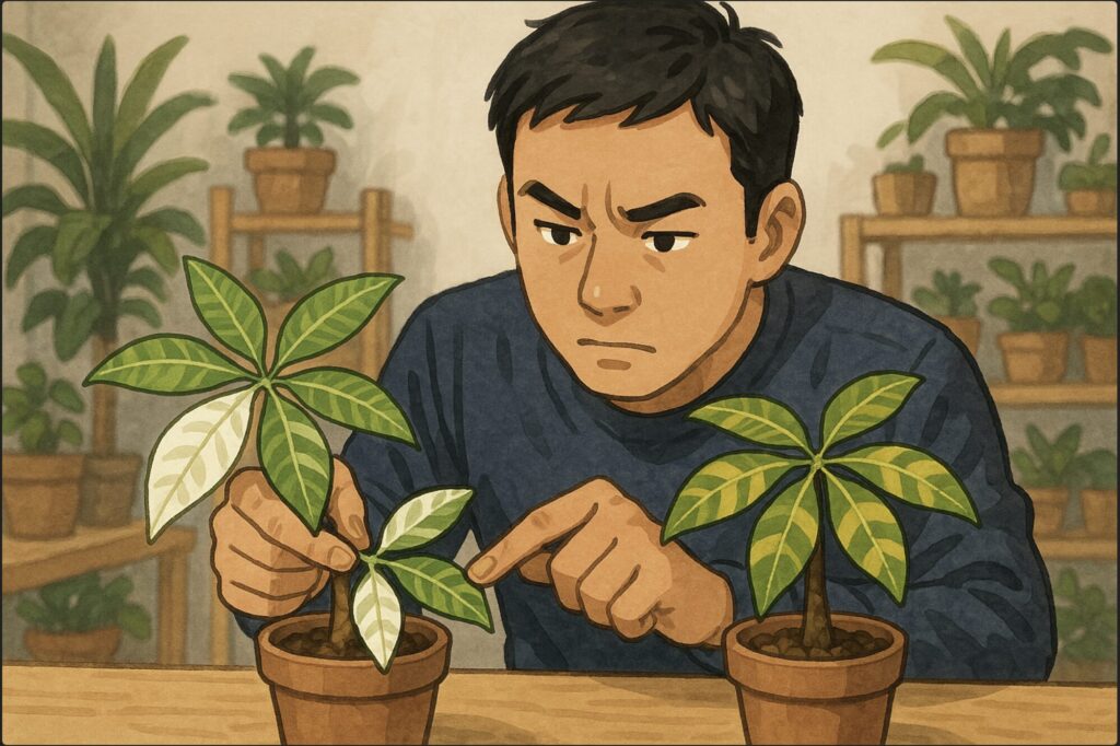 日本人男性が机の上に複数のパキラの鉢を並べ、白斑・黄斑の葉の違いを比較して観察している。真剣な表情で葉の模様を指先で確認。背景は室内園芸スペース。