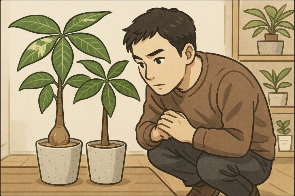 日本人男性が実生株と接ぎ木株のパキラを並べ、根元をしゃがんで覗き込みながら違いを確認している。片方はぷっくりとした根元、もう片方はまっすぐな幹。背景は園芸棚とラベル付きの鉢。