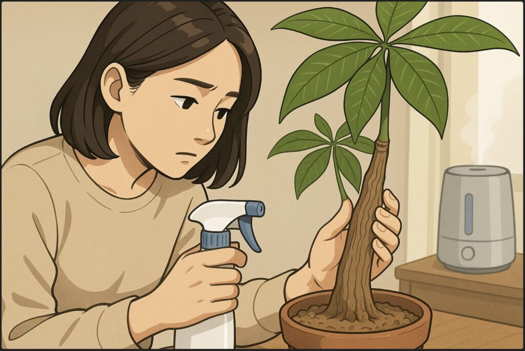 日本人女性がパキラの幹に縦に入ったシワを覗き込み、片手でスプレーボトルを持ち、もう一方の手で幹を優しく触れて確認している。周囲に乾いた土が見え、やや乾燥気味の室内。加湿器が奥に映る。