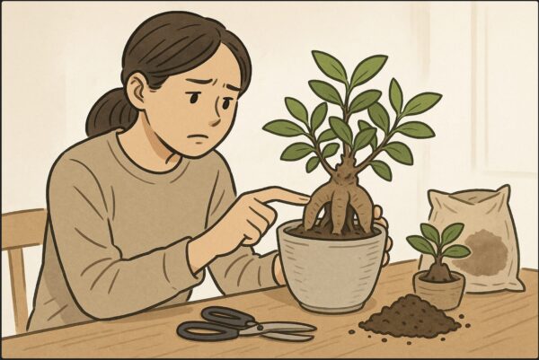 日本人女性がテーブル上のガジュマルの鉢を持ち上げ、幹を指で押して柔らかさを確認している。横には園芸ハサミと新しい培養土が用意され、根腐れのチェックを行う雰囲気。少し深刻だが丁寧な観察シーン。