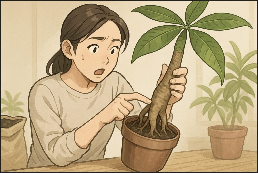 日本人女性が鉢からパキラを持ち上げ、幹の根元を指で押してブヨブヨの状態を確認している。表情は驚きと焦り。背景に観葉植物用の土や鉢。