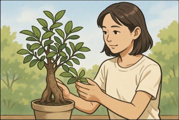 屋外の柔らかな日差しの下で、日本人女性が太く育ったガジュマルの幹を観察し、葉を整えながら風通しを確かめている。しっかりした幹と緑の葉が印象的。