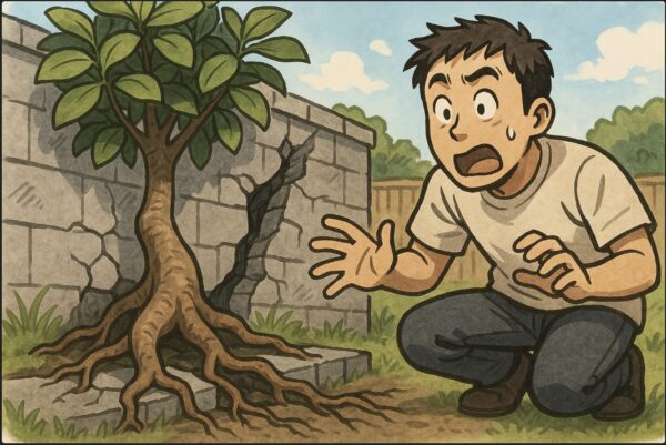 日本人男性が庭で、ガジュマルの根がコンクリートの隙間を押し広げている様子を見つめ、驚いた表情をしている。割れたブロック塀や伸びる根が印象的に描かれている。