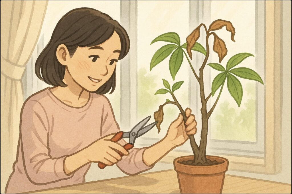 日本人女性が明るい窓際で、枯れかけたパキラの枝を優しく剪定している。新芽が少し見え始めており、希望を感じる雰囲気。