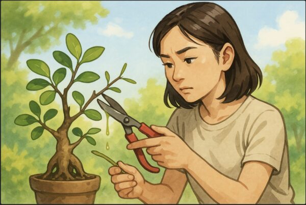 日本人女性が屋外で剪定バサミを使い、徒長して伸びすぎたガジュマルの枝をカットしている。切り口から樹液がにじみ、集中した表情。背景に明るい日差しと緑。