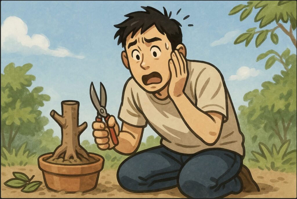 日本人男性が庭でガジュマルの枝を短く切りすぎて後悔している場面。丸坊主状態の幹を前にしゃがみ込み、剪定バサミを持って驚いた表情。背景に青空と少し風に揺れる葉。