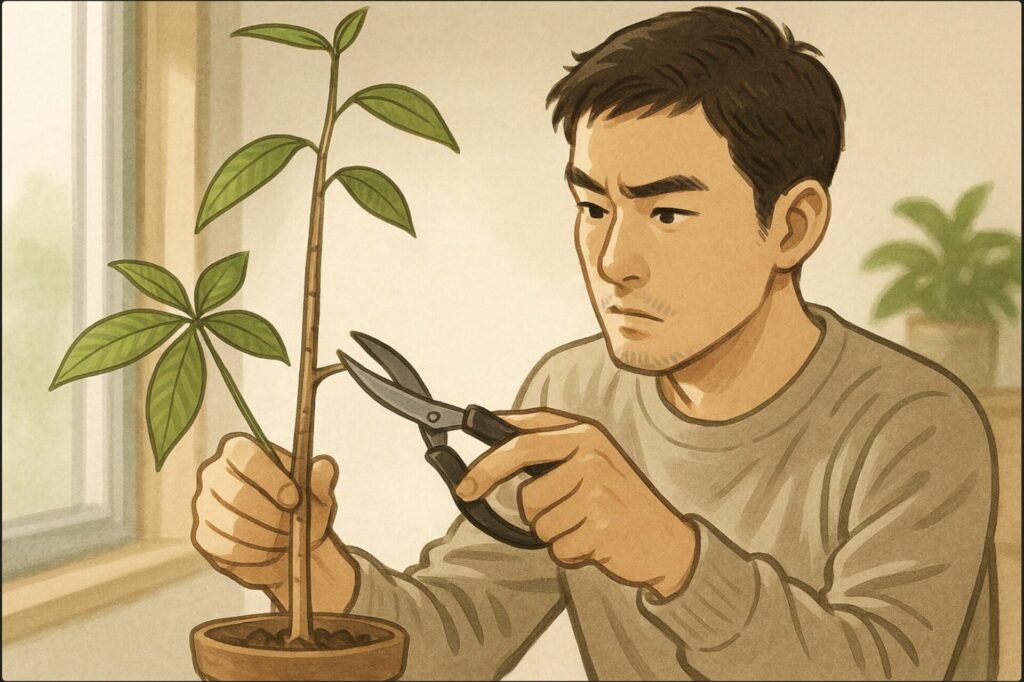 日本人男性が剪定バサミを手に、徒長したパキラの枝を切ろうとしている場面。剪定前の真剣な表情で枝の位置を確認している。明るい日陰の室内。