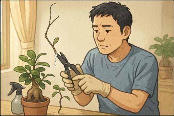 日本人男性が園芸用のハサミでガジュマルの徒長した枝を慎重に切り戻している。手にはゴム手袋を着用し、切り口から白い樹液がにじんでいる。屋内の明るい日差しの中で作業。