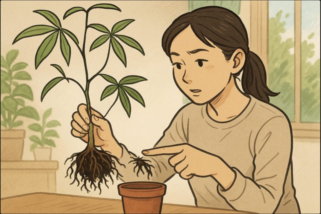 日本人女性が鉢からパキラをそっと持ち上げ、根の状態を確認している。片手に土付きの根を持ち、もう片手で腐った部分を指差す。背景に窓と緑のある室内。