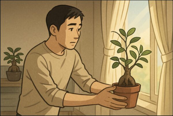 日本人男性がカーテン越しの窓辺にガジュマルを移動させている。室内奥には薄暗い場所に以前の鉢が置かれており、光量の違いがわかる構図。暖かな昼の光。