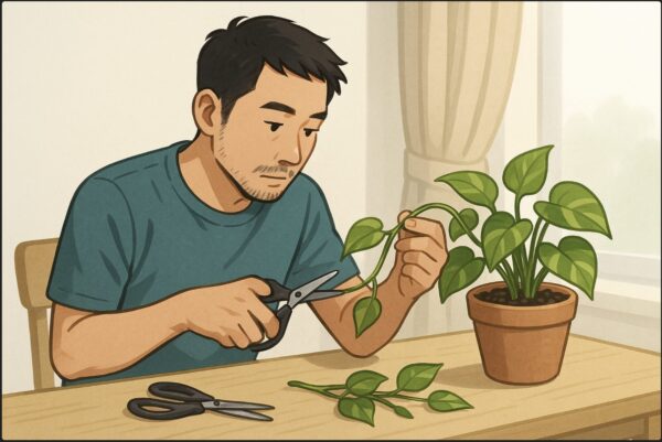 日本人男性がポトスの長く伸びた茎をハサミで慎重にカットしている。テーブルの上には剪定バサミと切った茎。明るい日陰の室内で作業中の様子。