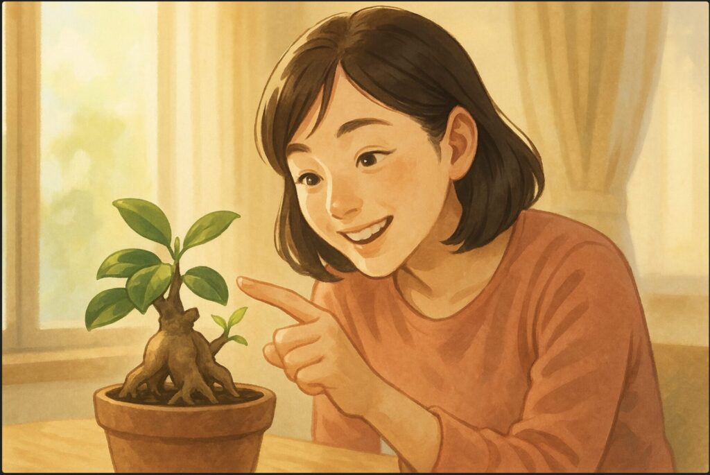日本人女性が小さな新芽が出始めたガジュマルを嬉しそうに覗き込み、指先でそっと新芽を指差している。背景は朝の柔らかい光が差し込む室内。希望を感じる雰囲気。