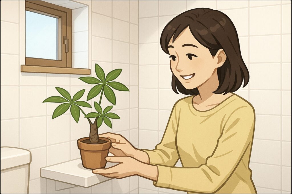 日本人女性が明るく清潔なトイレの棚にパキラの小鉢を置いている。植物の位置を調整しながら微笑んでいる。背景に小窓と白いタイル、爽やかな雰囲気。