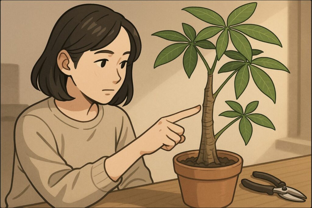 日本人女性がパキラの幹を指差し、成長点(節)を確認している。近くには剪定バサミが置かれ、落ち着いた照明の室内。幹の細部がわかる構図。