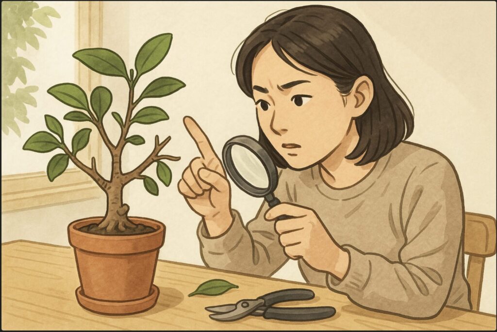 日本人女性が机の上のガジュマルの枝を指差しながら、節（ふし）と節間（せっかん）の違いを観察している。ルーペを手にし、剪定バサミを横に置いたシーン。植物学的な観察の雰囲気。