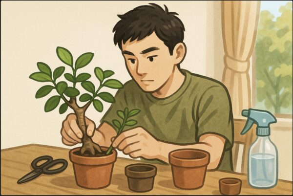 日本人男性がテーブルの上で、剪定したガジュマルの枝を小さな鉢に挿している。手元にはハサミや霧吹き、育成用ポットなどが並ぶ。集中した表情。