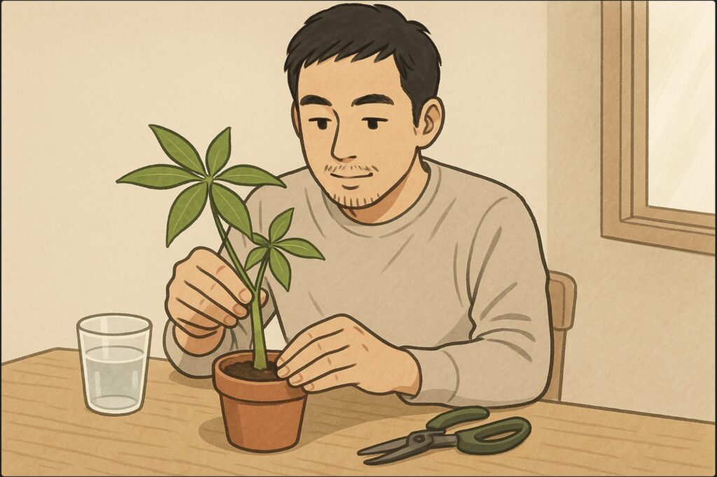 日本人男性が机の上で、剪定したパキラの枝を小さなポットの土に挿している。周囲に水の入ったコップと園芸ばさみ。穏やかな表情で作業に集中。
