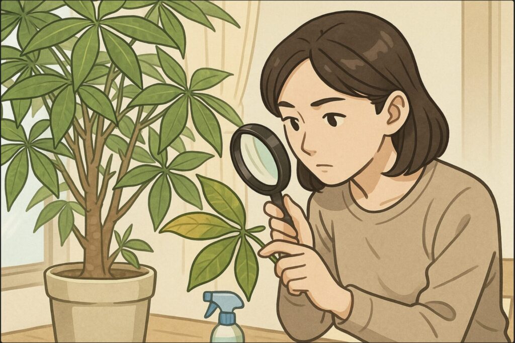 日本人女性がパキラの葉の裏をルーペで覗き込み、カイガラムシやハダニを確認している。葉の密集した部分を丁寧にチェックしており、手元にはスプレー型の薬剤。自然光が柔らかく差し込む。
