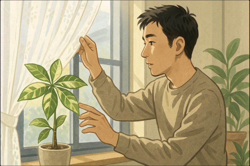 日本人男性がレースのカーテンを調整しながら、窓際のパキラに差し込む光を確認している。柔らかい日差しが葉に当たり、斑の部分が透けるように輝く。背景に北向きの窓と観葉植物。