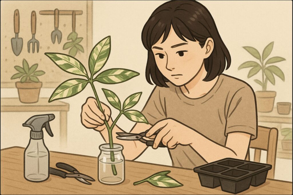 日本人女性が机の上でパキラの枝をカットし、小さなガラス瓶に水を入れて挿し木をしている。集中した表情で作業中。背景には園芸用の道具と育苗ポット。