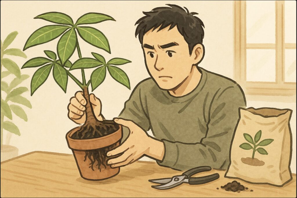 日本人男性が鉢からパキラを少し持ち上げ、根の状態を確認している。黒く変色した根が見える様子。横に剪定バサミと新しい土の袋。