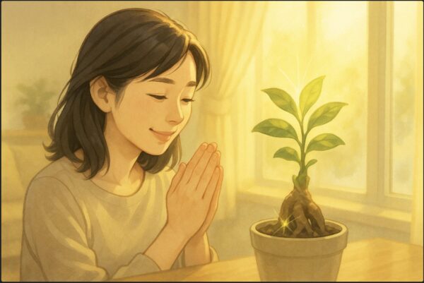 日本人女性が窓辺で手を合わせるようにガジュマルの新芽を見つめて微笑んでいる。背景は朝日が差し込むリビングで、柔らかく神聖な雰囲気。ガジュマルの新芽が輝くように描写。