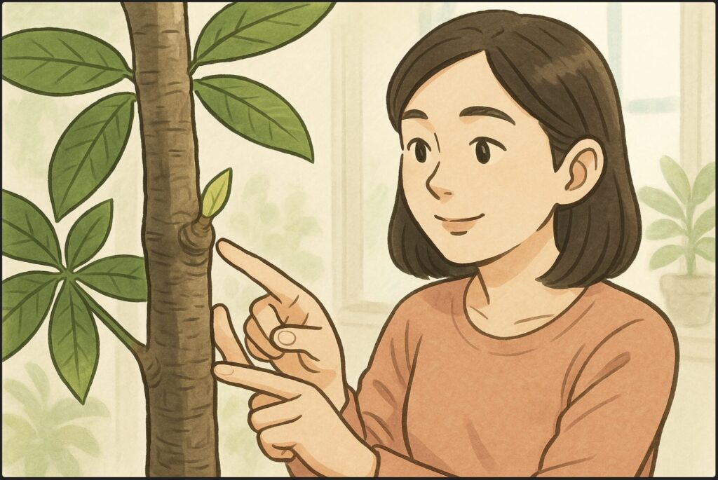 室内で日本人女性がパキラの幹を手で優しく触り、節(ふし)部分を指先で指し示している。幹には膨らみがあり、新芽の芽吹きが見える。背景に明るい窓辺と観葉植物。