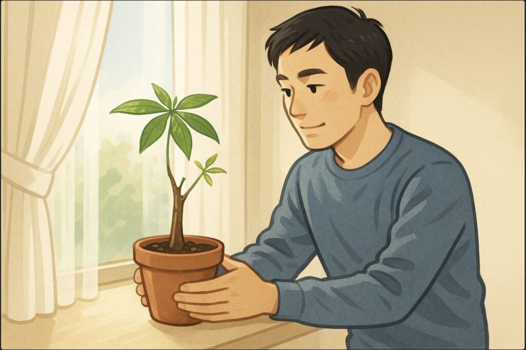 日本人男性がレースカーテン越しの明るい窓辺にパキラの鉢をそっと置いている。柔らかい日差しが差し込み、風通しの良い穏やかな空気感。新芽が出始めたパキラ。
