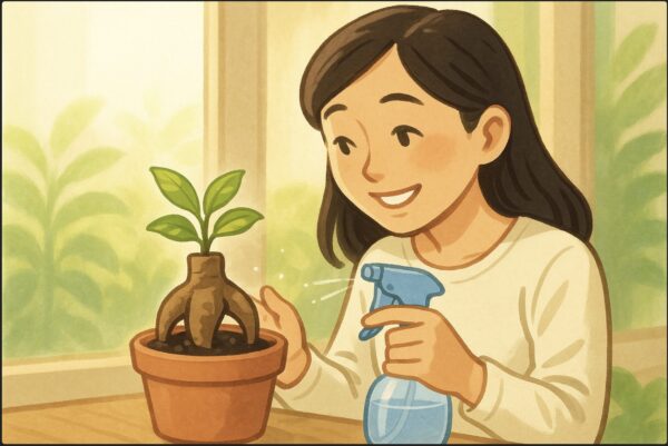 日本人女性が新しい芽をつけたガジュマルの鉢を嬉しそうに見つめている。柔らかい日差しの入る窓辺で、霧吹きで葉水をしている姿。新芽の緑が輝いている。