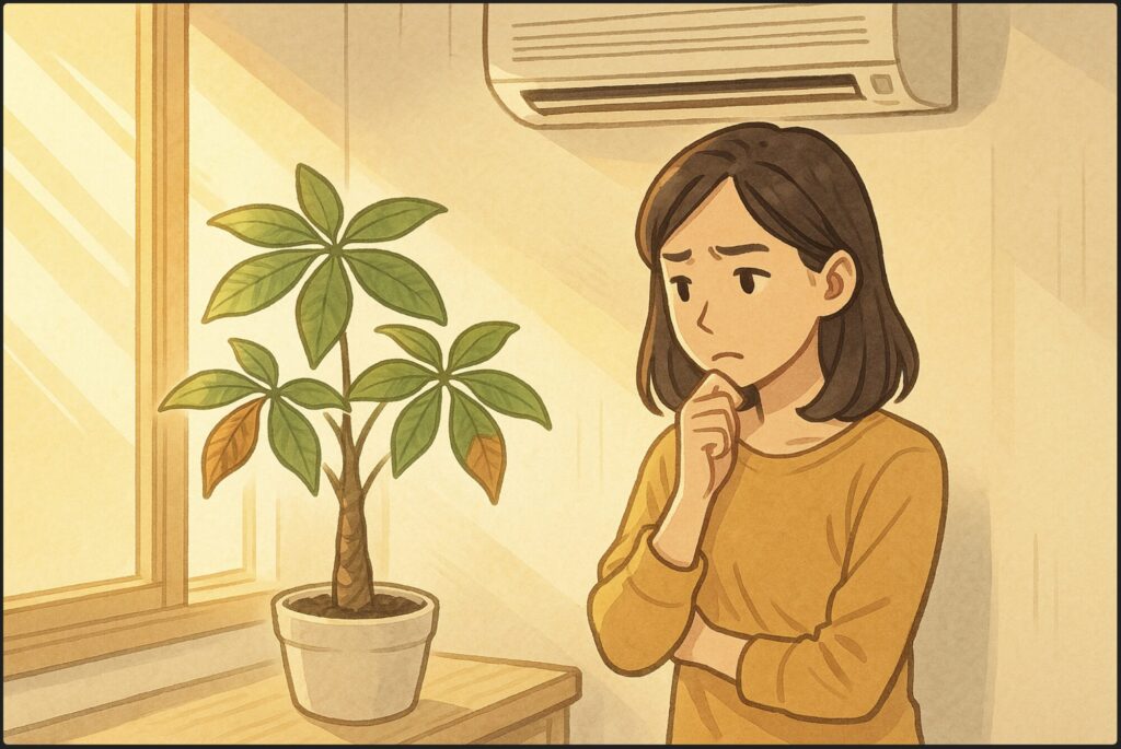 日本人女性がエアコンの風が直接当たる窓際で、葉が焼けたパキラを心配そうに見つめている。強い西日が差し込み、葉の一部が茶色く変色している様子。原因を考えるような表情。