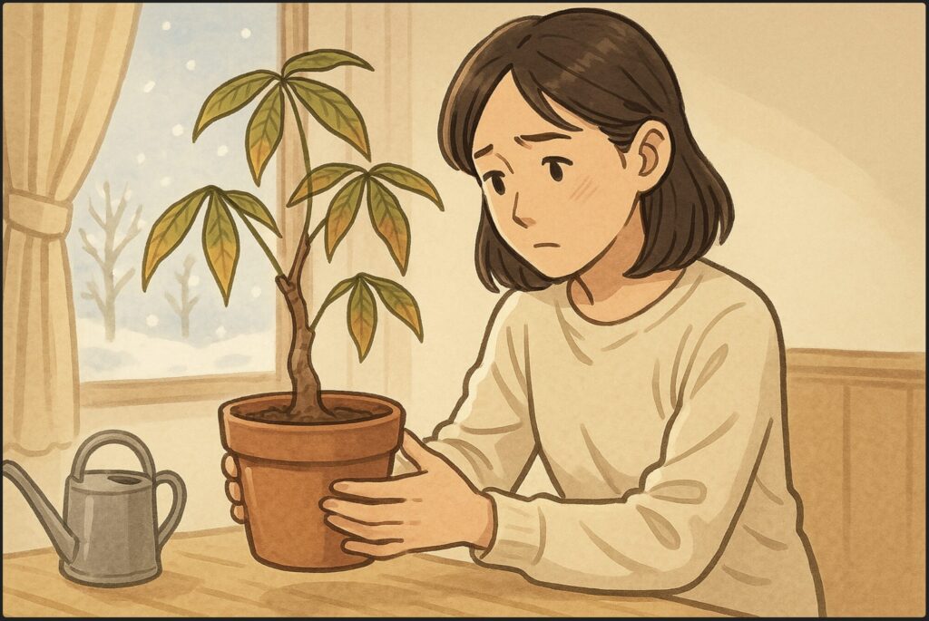 日本人女性がパキラの鉢を持ち上げ、重さを確かめて乾燥具合を判断している。近くにジョウロが置かれ、冬の静かな朝の光が差し込む室内。