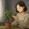 日本人女性が北向きのリビングで、窓際に置かれたパキラの鉢を手で優しく整えている。外は薄暗く、やわらかな自然光がカーテン越しに差し込む。落ち着いた室内で