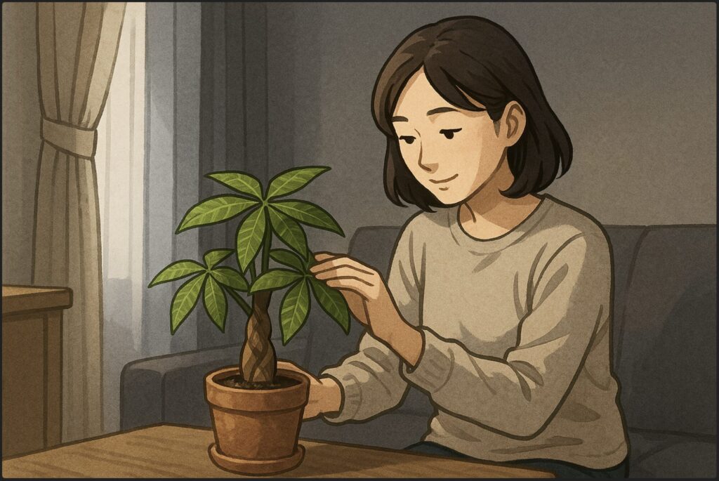 日本人女性が北向きのリビングで、窓際に置かれたパキラの鉢を手で優しく整えている。外は薄暗く、やわらかな自然光がカーテン越しに差し込む。落ち着いた室内で