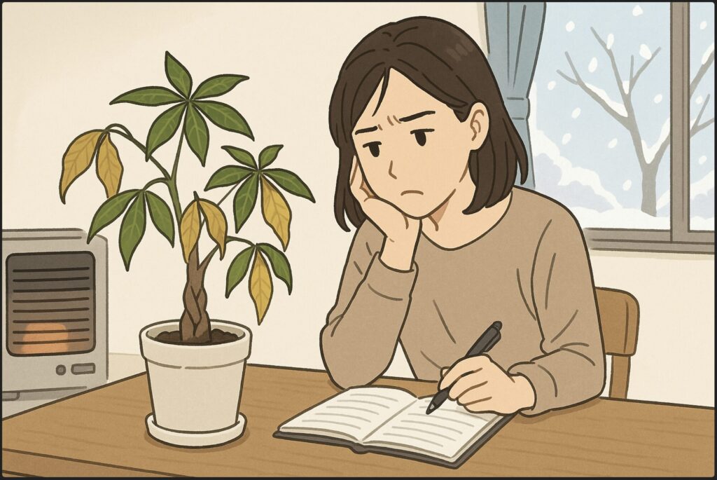 日本人女性が机の上のパキラの鉢を前に、ノートを開きながら葉の状態を観察している。枯れた葉や黄色い葉が目立ち、考え込む表情。室内にストーブと窓の雪景色。