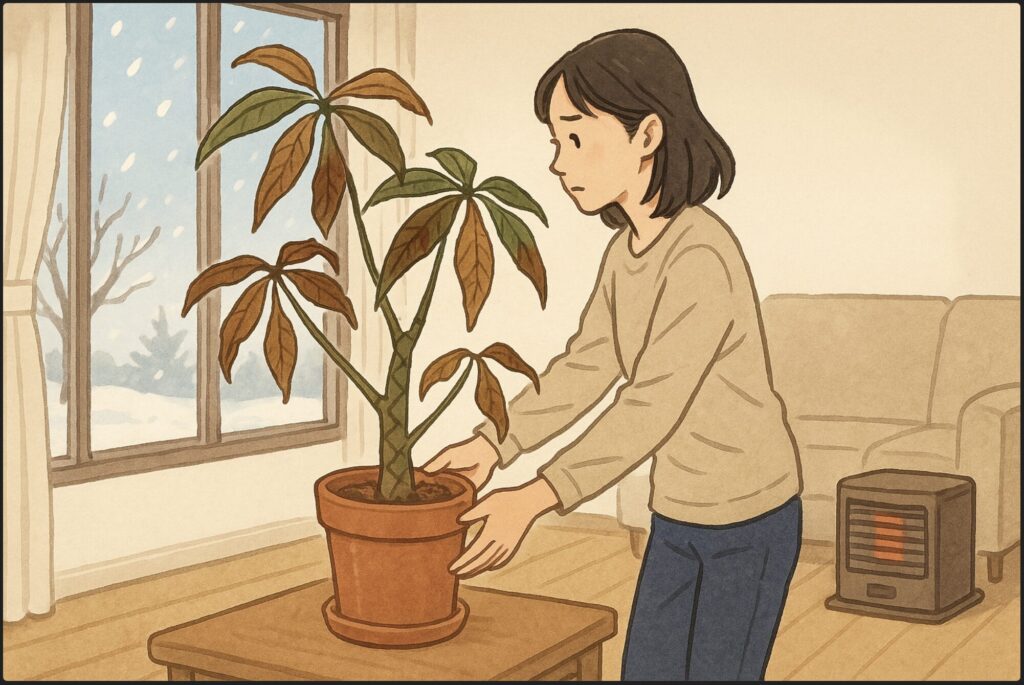 日本人女性が窓際の冷たい空気を避けるように、パキラの鉢を部屋の中央に移動している。外には雪、葉が茶色に枯れている。暖房器具も背景に。