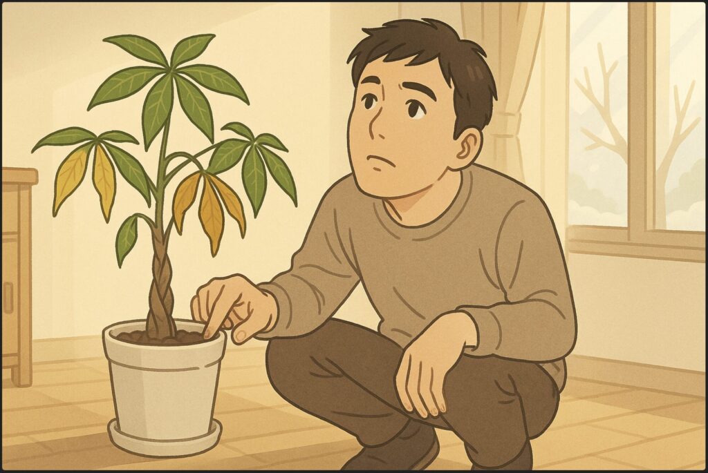 日本人男性がパキラの鉢にしゃがみ込み、指先で土の湿り具合を確かめながら、黄ばんだ葉を見上げている。柔らかい冬の日差しが差し込む室内。