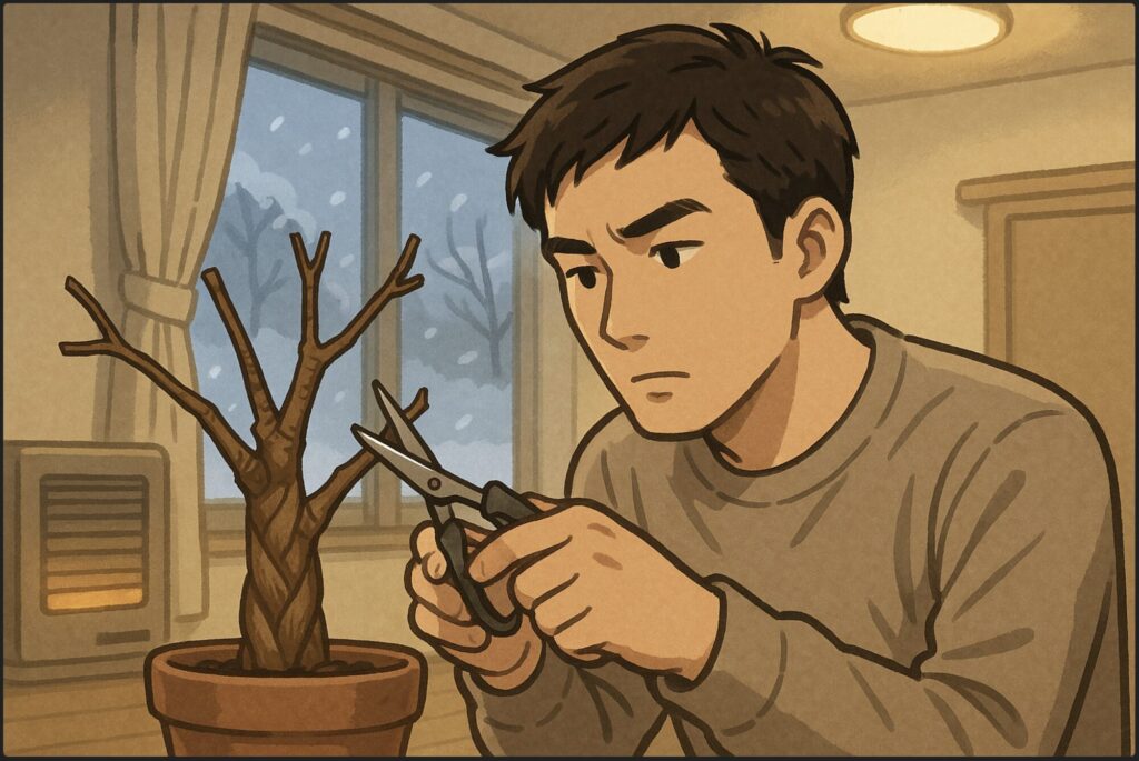日本人男性が幹だけになったパキラの枝先を小さなハサミで軽くカットし、断面の色を確認している。真剣な表情、暖かい室内照明。