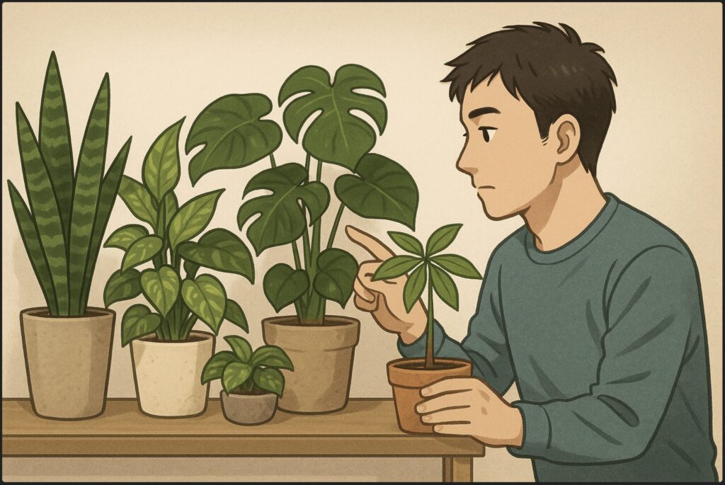 日本人男性が棚の上にサンセベリア、ポトス、モンステラ、パキラなど複数の観葉植物を配置し、光の当たり方を比べている。穏やかな室内照明の下で、多様な植物の特徴を示す構図。