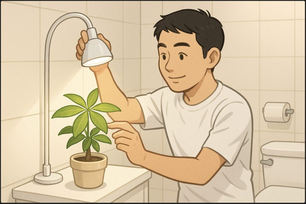 日本人男性が窓のないトイレの中で、小型のパキラを棚に置き、植物育成ライトの位置を調整している。清潔感のある白い空間で、照明の光がパキラの葉を照らす。明るく前向きな雰囲気。