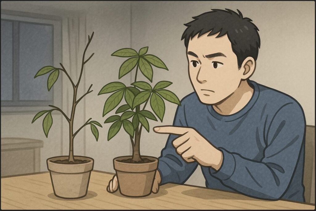 日本人男性が細く徒長したパキラを机の上に置き、健康な株と比較している。薄暗い室内で、葉の色が薄く細い枝を指差しながら観察している場面。科学的で説明的な構図